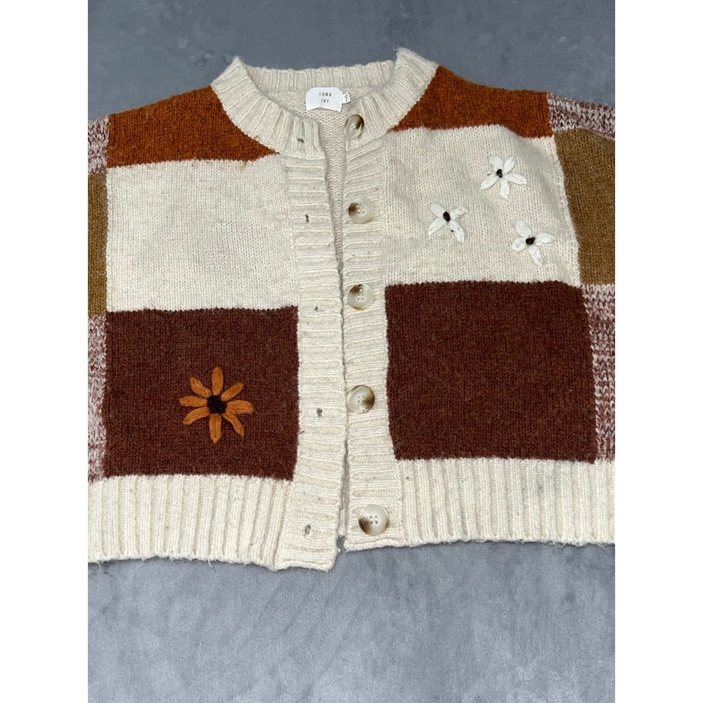 Luna Ivy Colorblock Patchwork Floral Embroidered Knit Cardigan Sweater Brown S